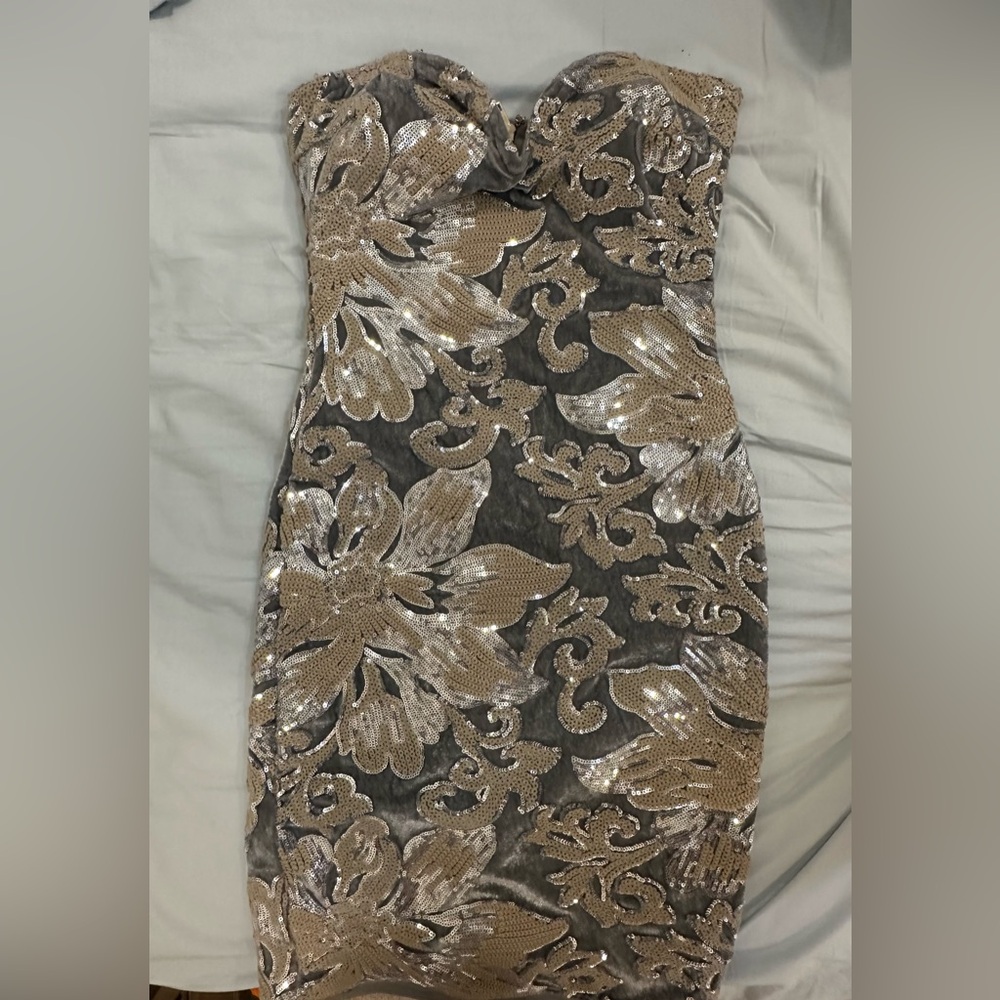 Fashion Nova Cream Tan Strapless Cocktail Dress